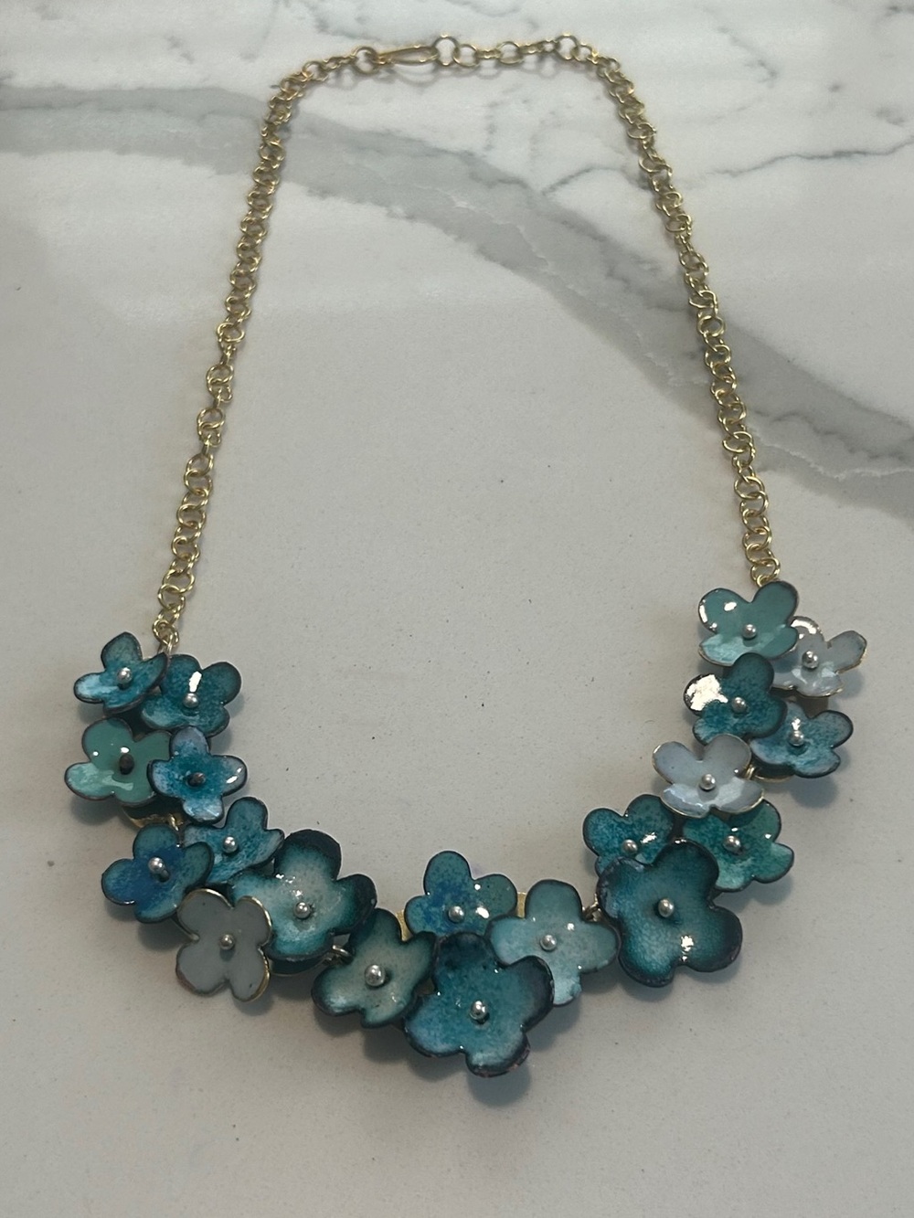Jenny Walker Handcrafted Daisy Gold Chain Blue Teal Floral Necklace New